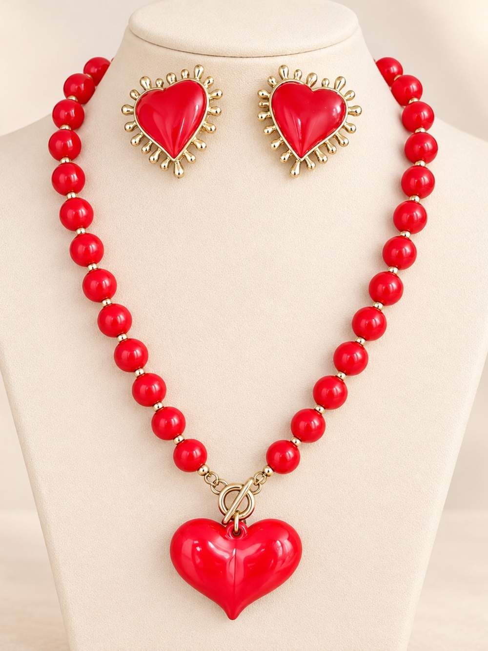 Red Heart Pendant Necklace and Earrings Set - Brand: